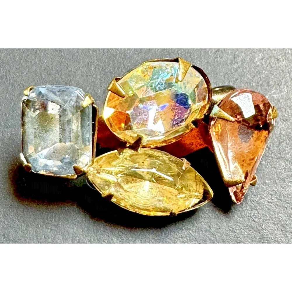 Vintage Rhinestone Brooch MCM Pastel Cluster Pin AB Blue Pink Yellow Gold Tone